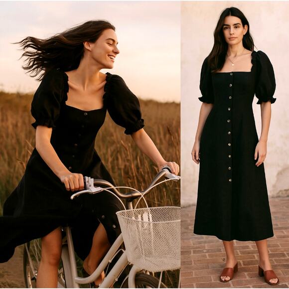 NWT! Sezane 12 Winona 100% Linen Button Front Midi Dress Square Neck Black XL 44 - Picture 1 of 7